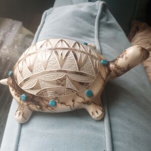 Carved Turtle Figurine By T Vail Navajo with Turquoise Accents
